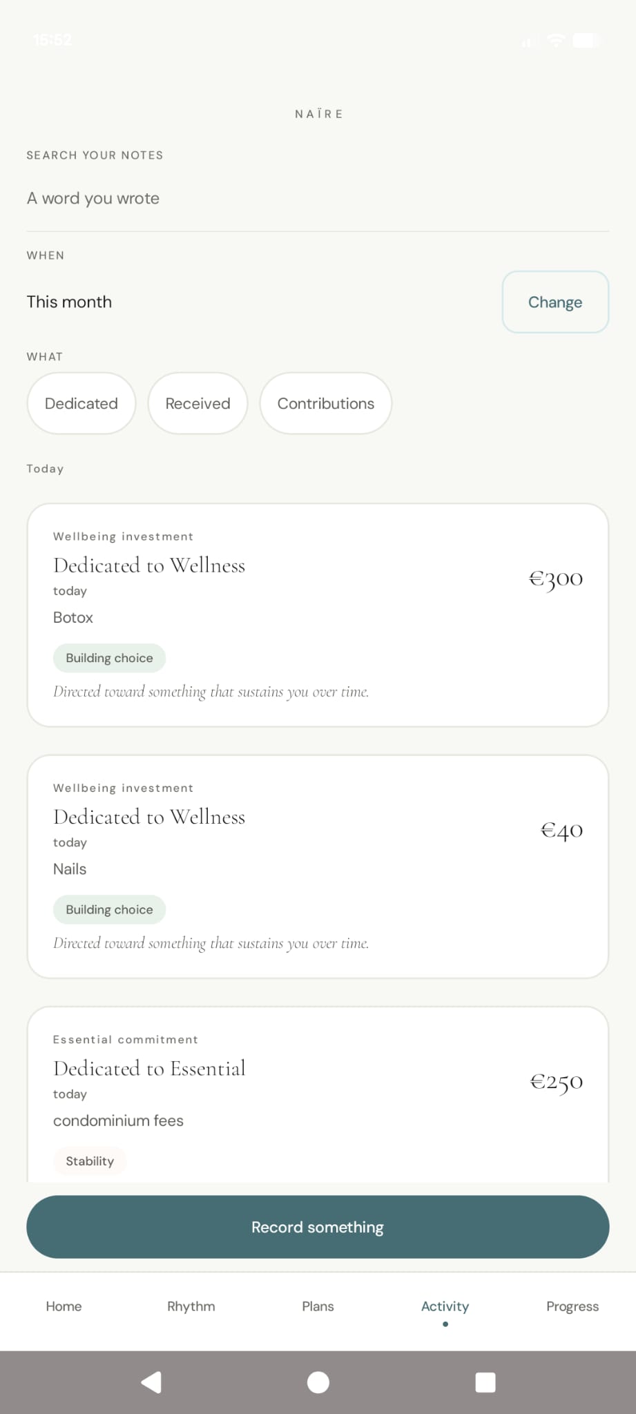 NAÏRE Activity screen with search and filters for financial entries