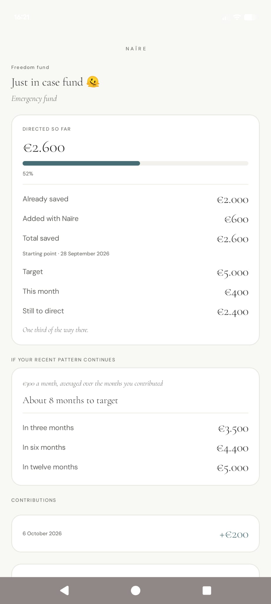 NAÏRE savings plan detail showing target, amount saved, progress and projected time to target