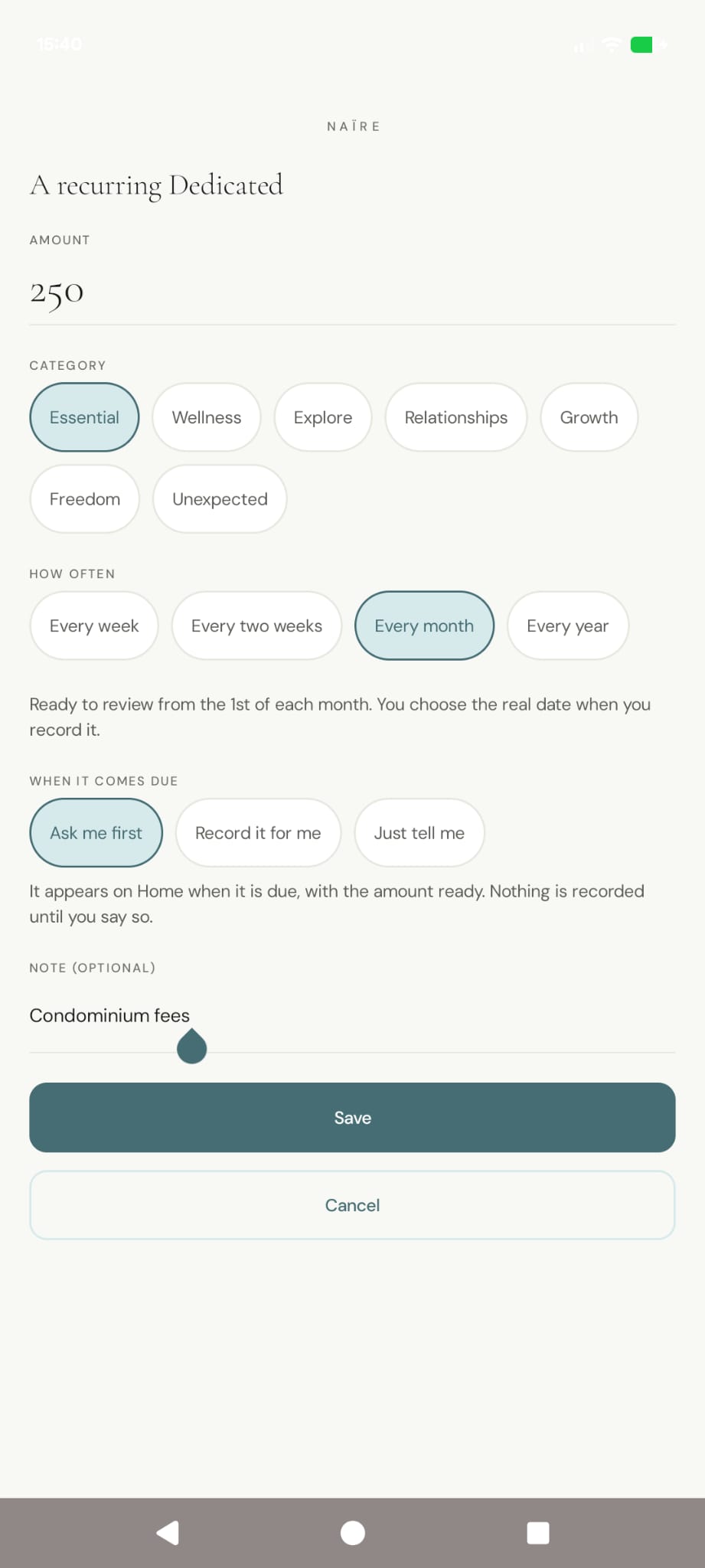NAÏRE recurring Dedicated setup for a monthly essential commitment