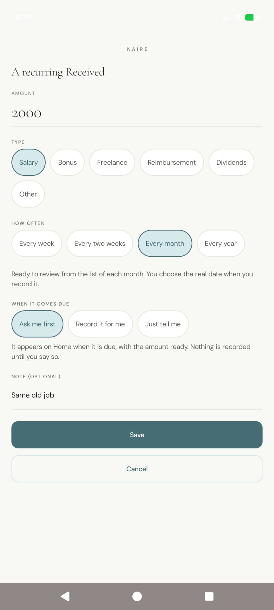 NAÏRE recurring Received setup for salary