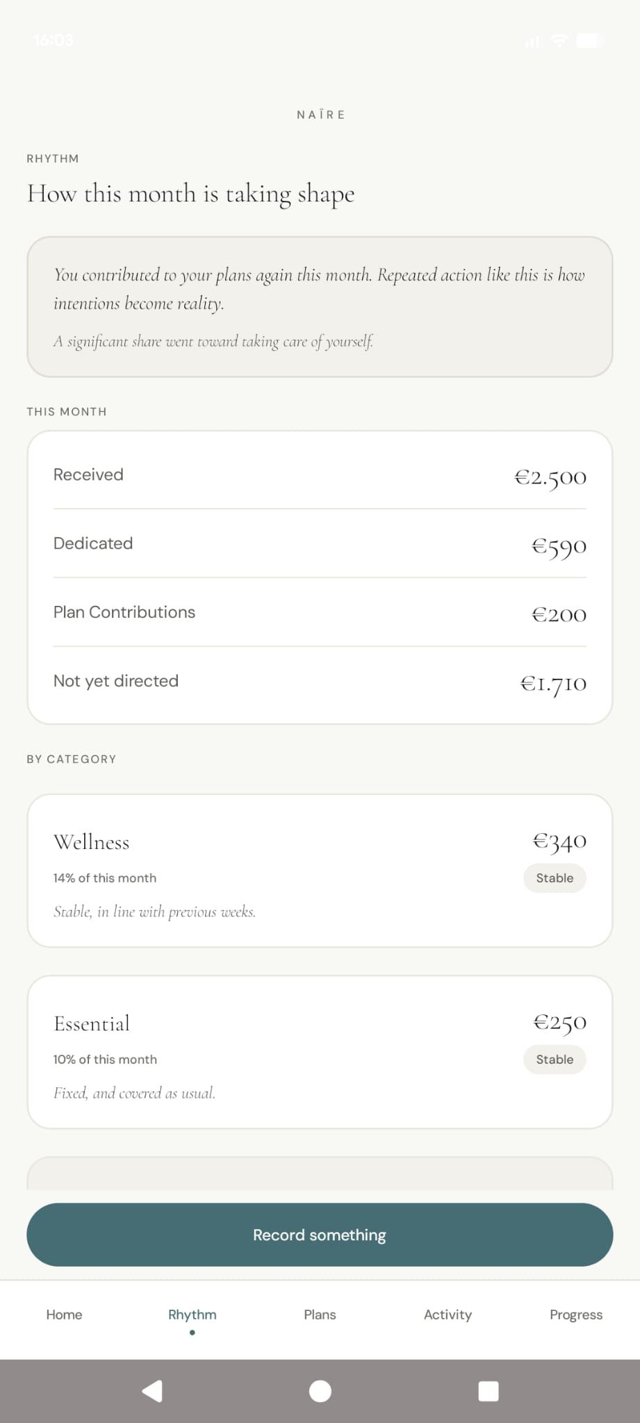 NAÏRE Rhythm screen summarising monthly money activity and categories