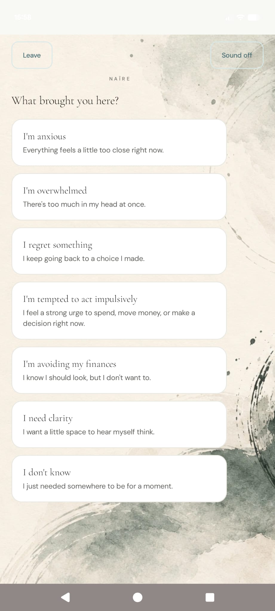 NAÏRE Still Room with reflective options for anxiety, overwhelm, impulsive decisions and financial avoidance