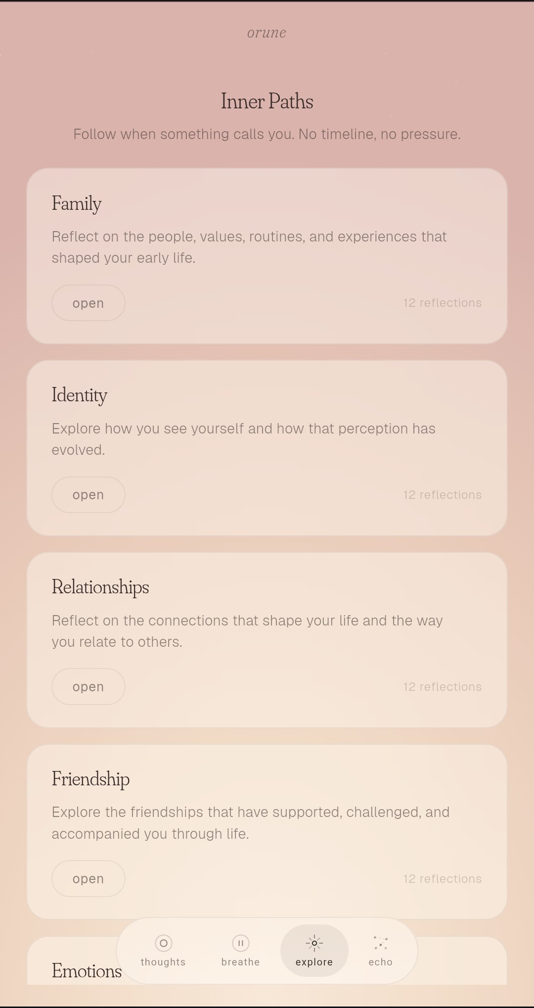 Orune Explore screen with reflection prompt categories including Family, Identity and Relationships