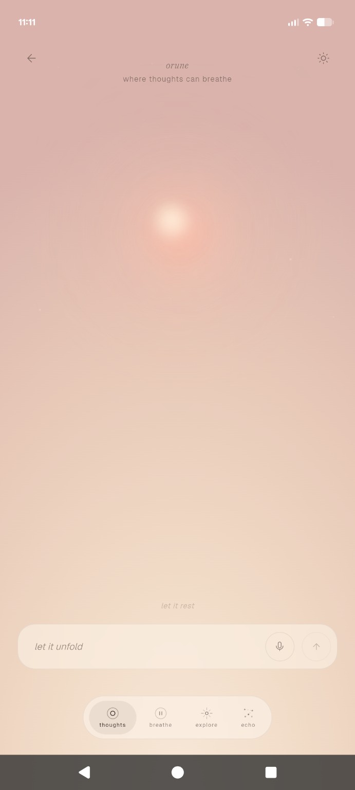Orune personal journal thoughts screen in a soft dawn atmosphere